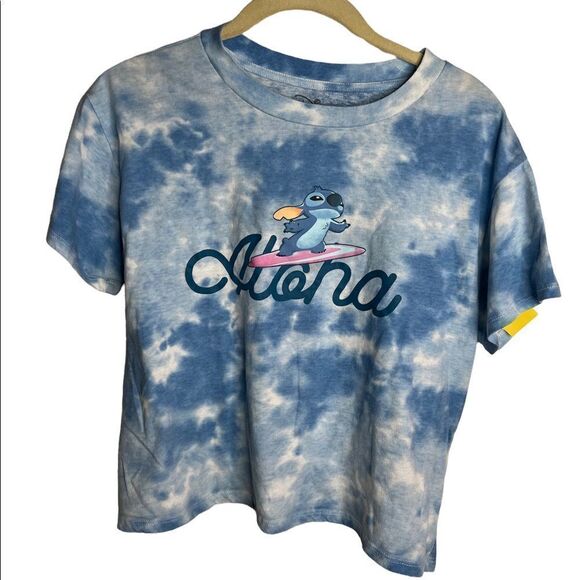 ❤️Disney Blue Tie Dye Aloha Stitch Crop T-Shirt - Picture 1 of 6